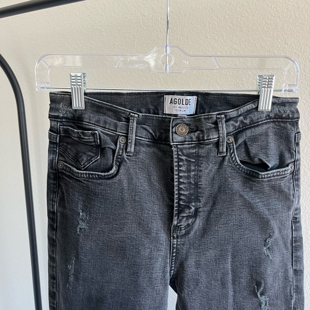 AGOLDE | High Waist 'Feel Good' Distressed Raw Hem Skinny Jeans Black | Size 29 - Picture 3 of 10